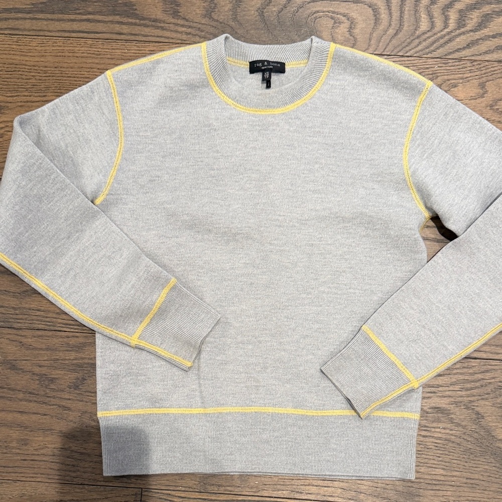rag & bone Light Gray Crewneck Sweater with Yellow Contrast Trim